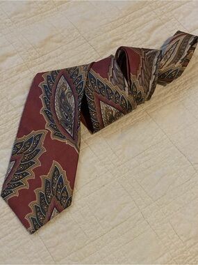 Vintage Christian Dior Burgundy Paisley Silk Tie with Navy and Tan Accents